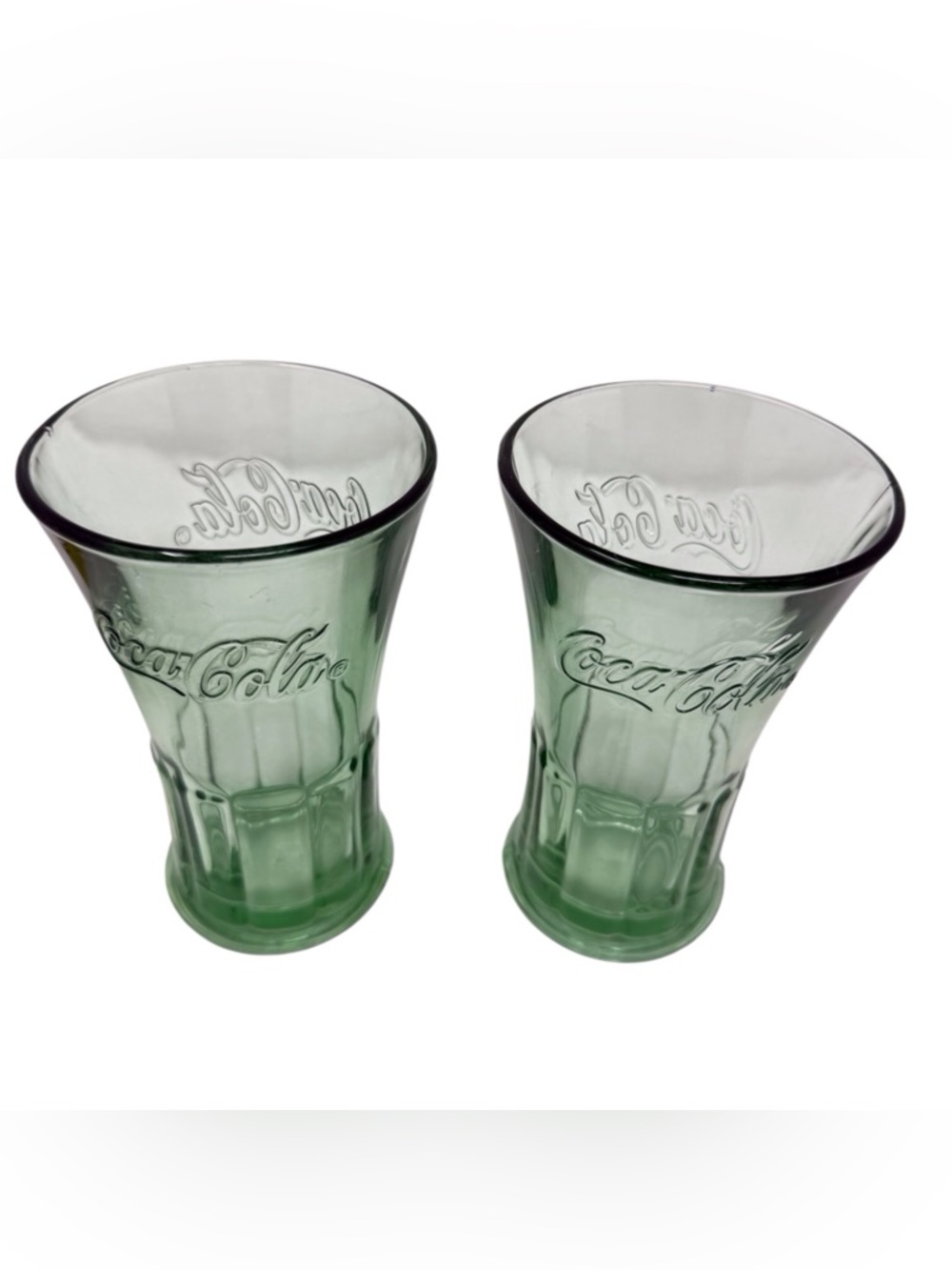 2 Vintage Libbey green tinted glass Coca-Cola flared embossed tumbler 16oz